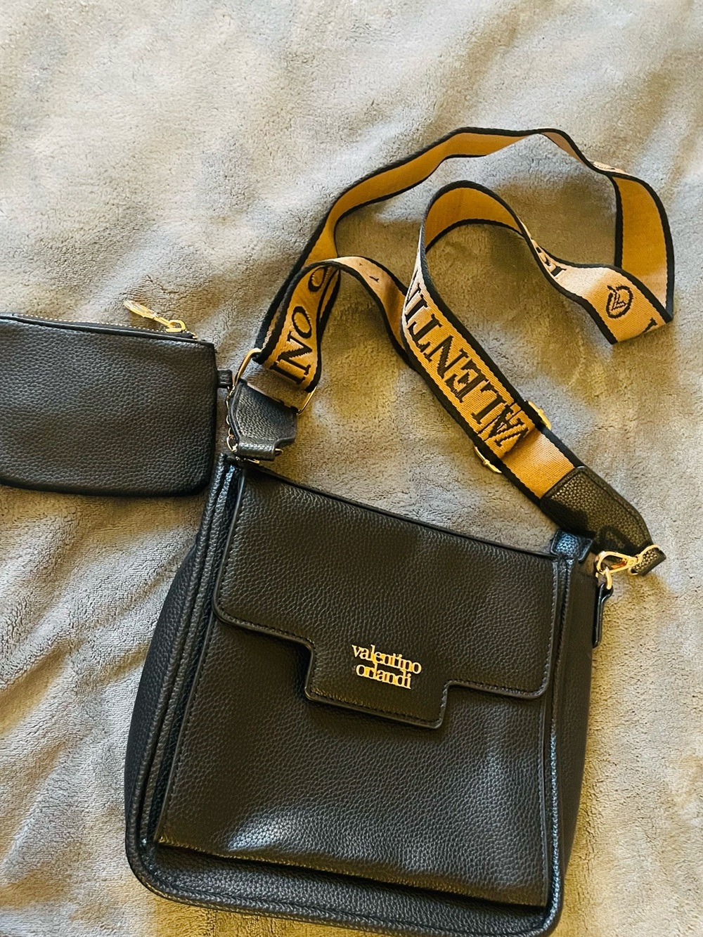 Valentino Orlandi Black Leather Crossbody with Branded Yellow Strap